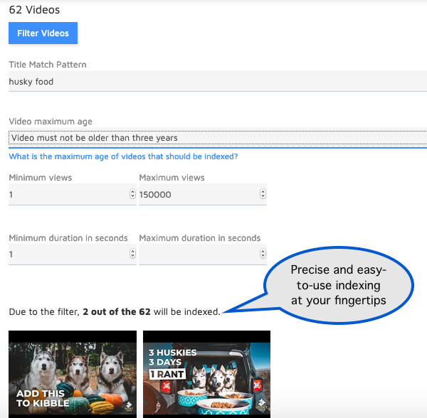 Video results filtering options